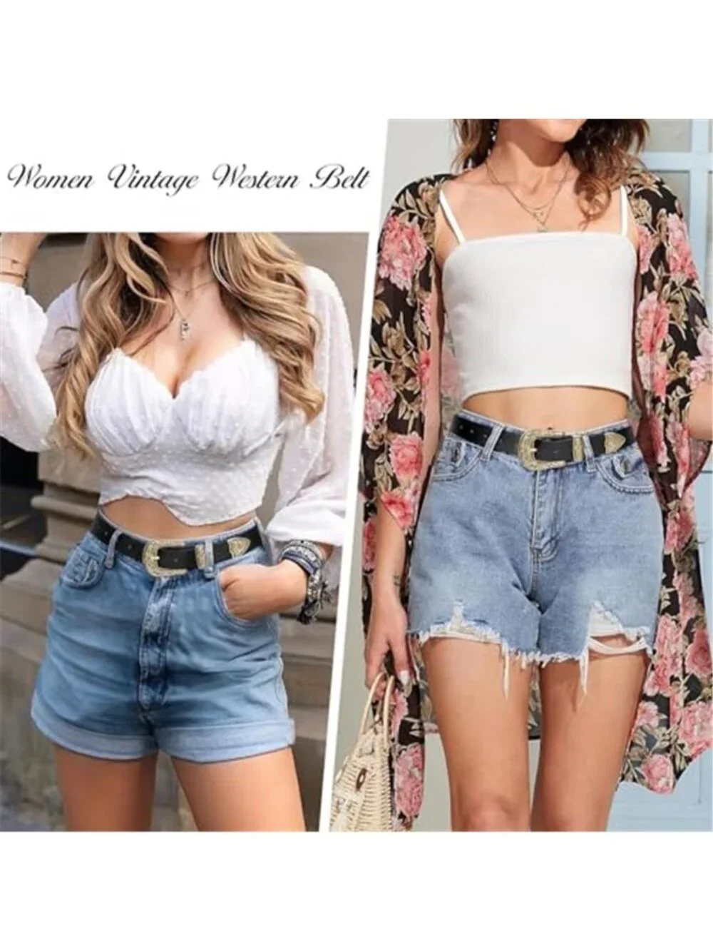 Womens Western Belt Floral Buckle PU Leather Cowgirl Waist Belt Adjustable